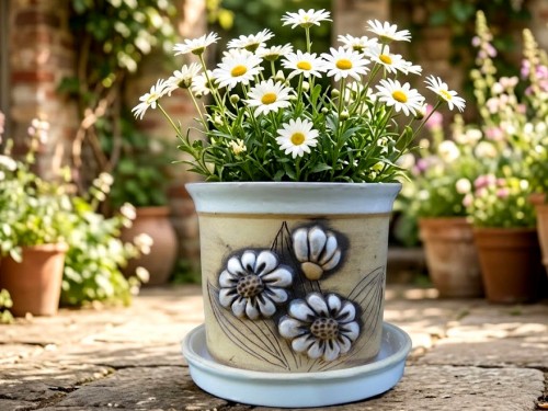 Květináč motiv kopretina 20cm.s podmiskou.